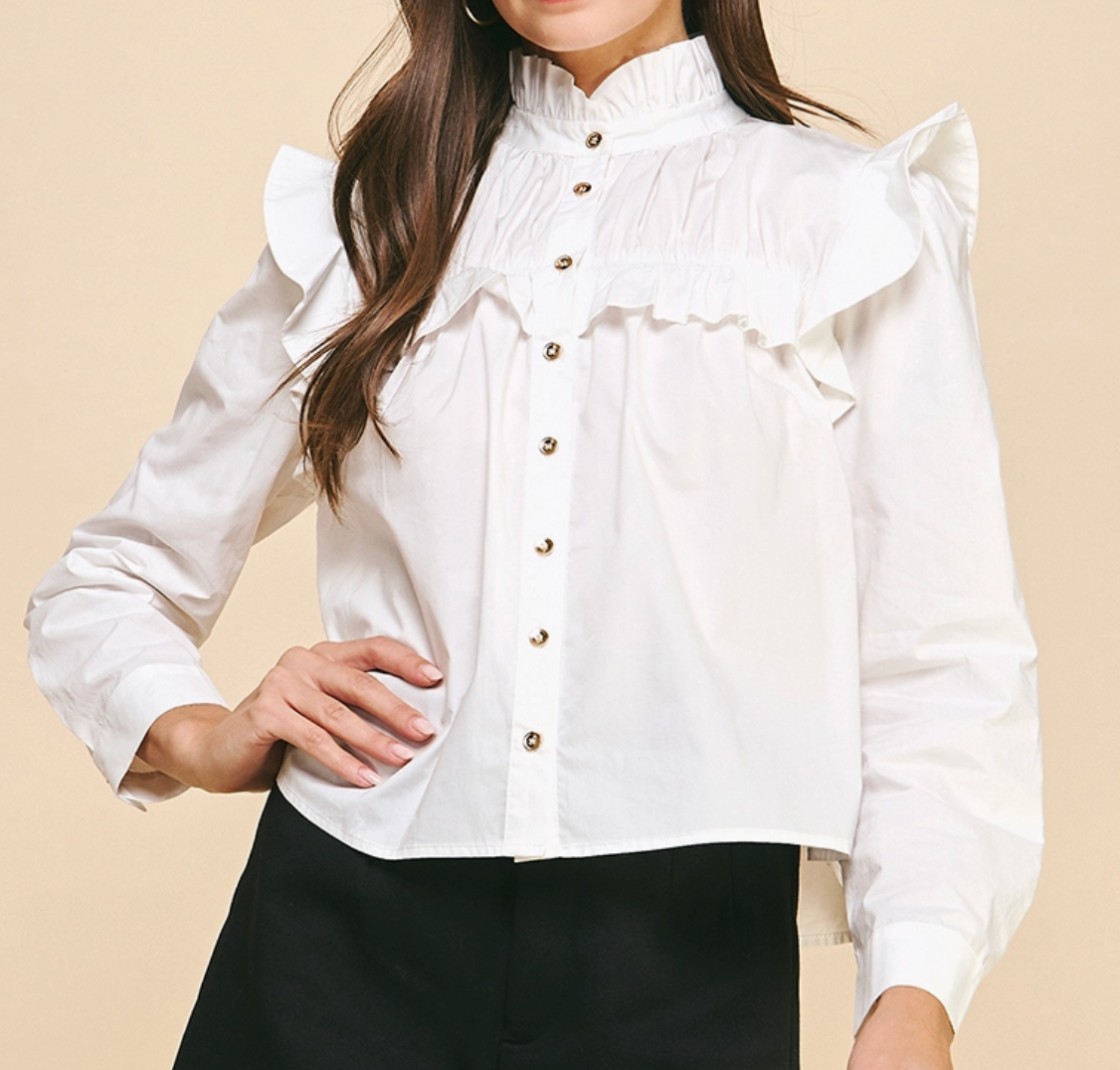 White Ruffle Button Down Blouse