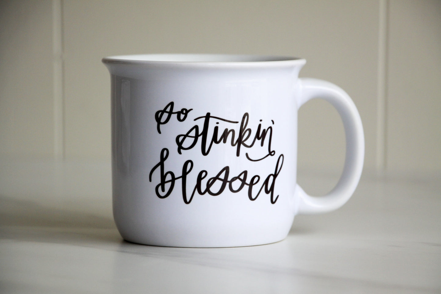 So stinkin' blessed white ceramic mug