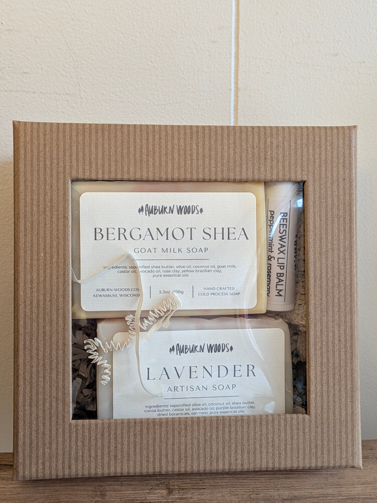 Auburn Woods Soap and Lip Balm Gift Set -Small Box- 2 Soap, 1 Lip Balm, 1 Sisal Soap Saver