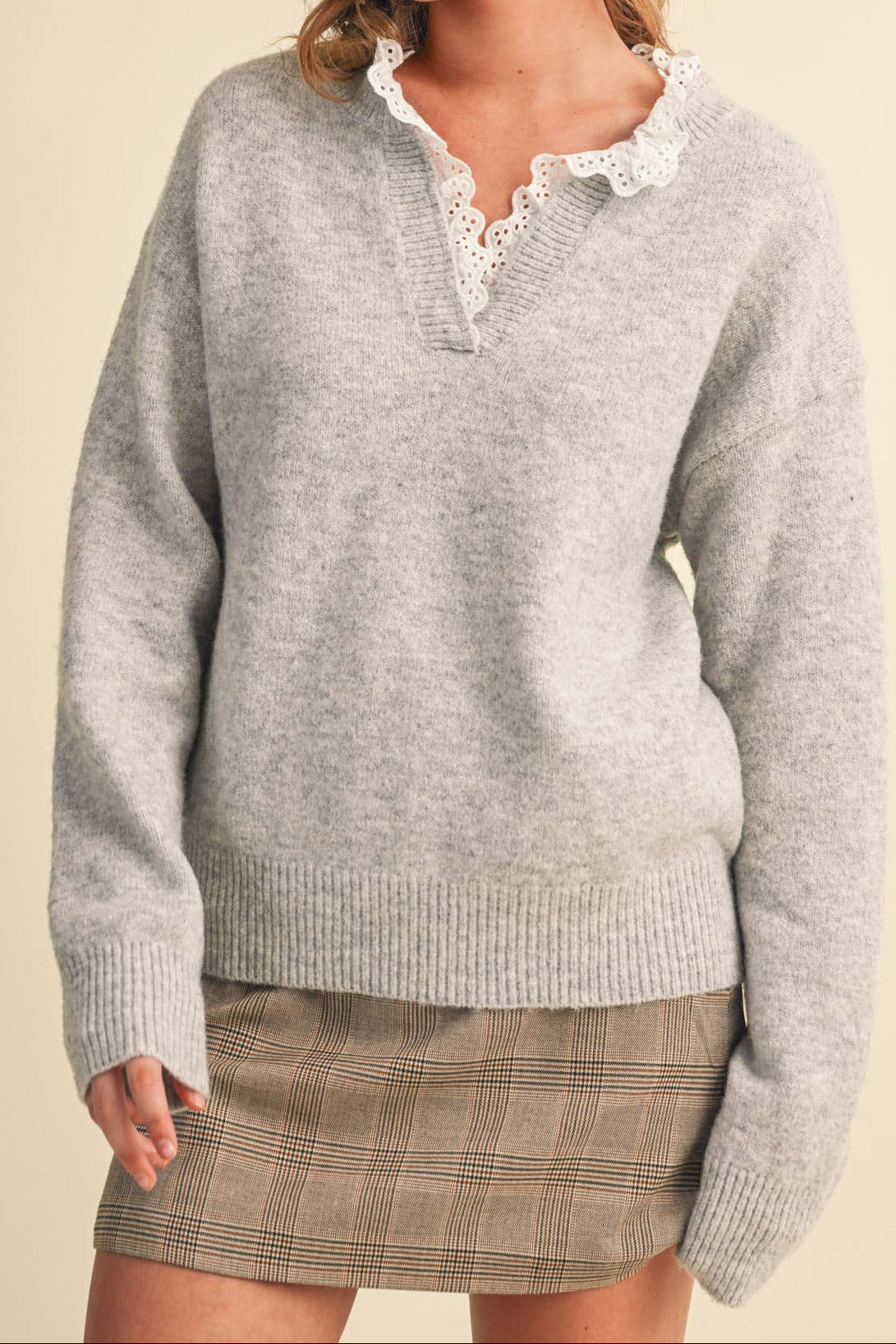 Lace Ruffle Trim V-Neck Sweater