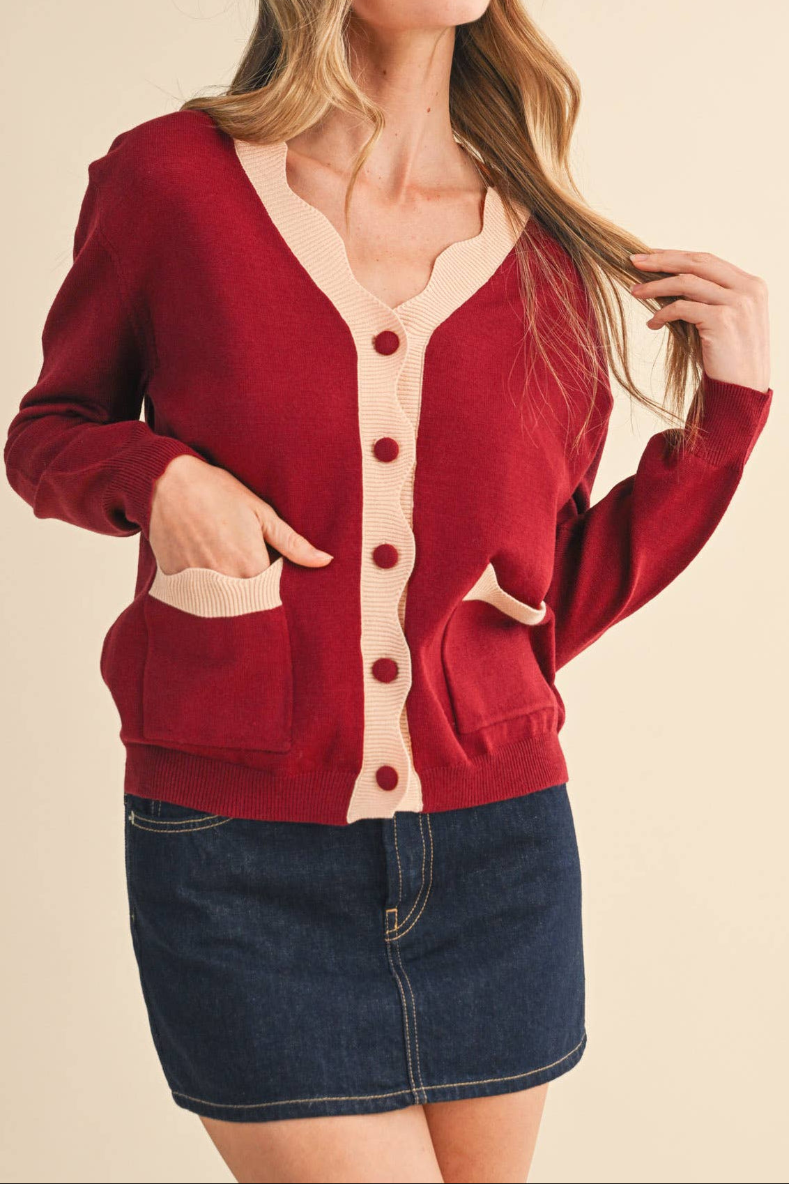Scalloped Cardigan Sweater - Cherry Vanilla