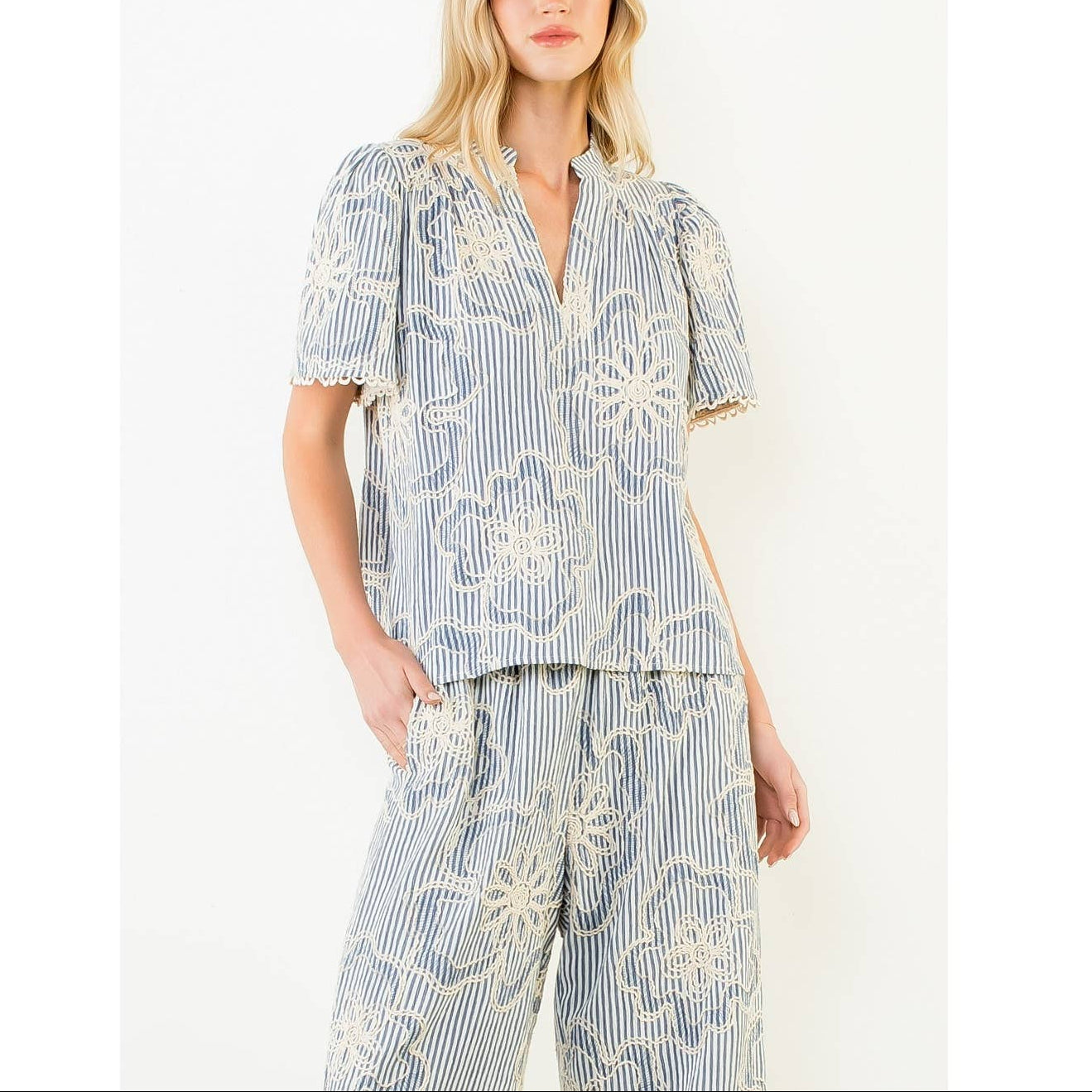 Short Sleeve Striped Embroidered Top