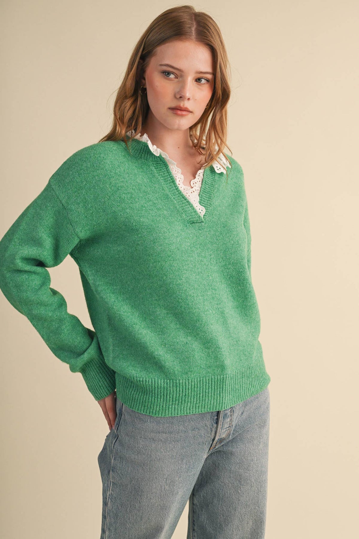 Lace Ruffle Trim V-Neck Sweater- Butter Yellow