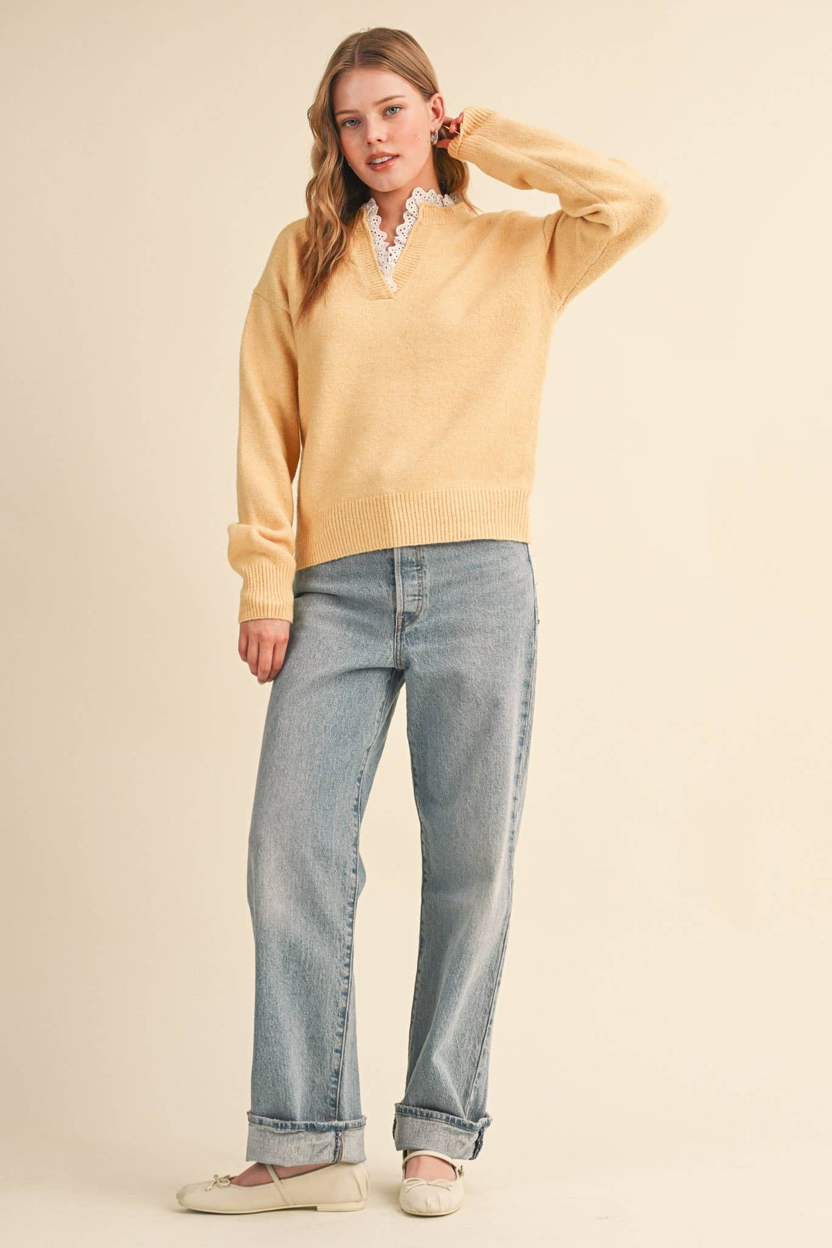 Lace Ruffle Trim V-Neck Sweater- Butter Yellow