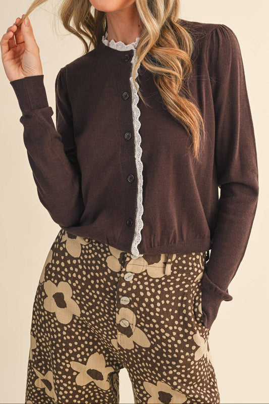 Lace Trim Cardigan Sweater - Ash Brown