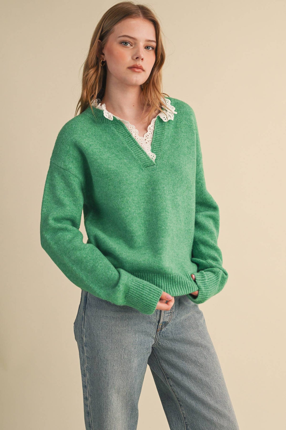 Lace Ruffle Trim V-Neck Sweater- Butter Yellow