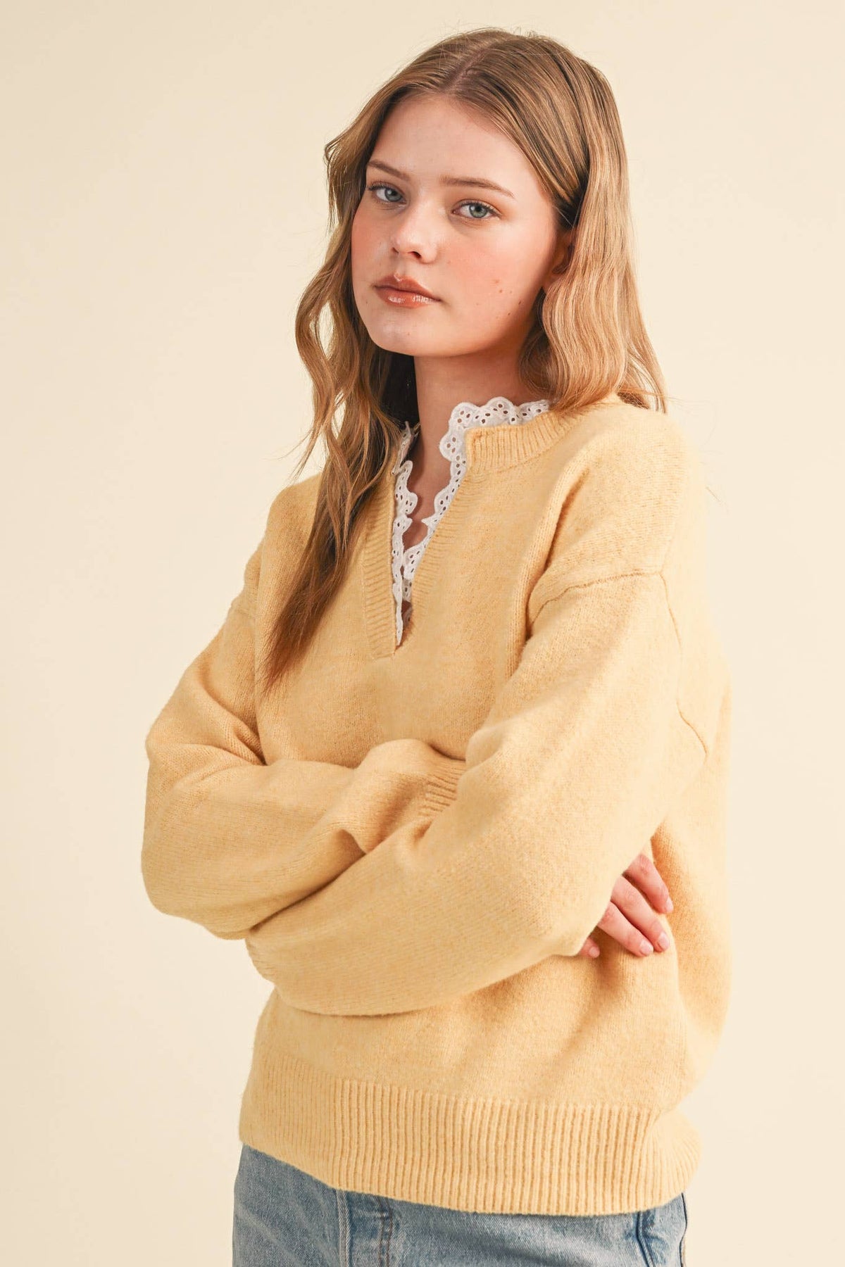 Lace Ruffle Trim V-Neck Sweater- Butter Yellow