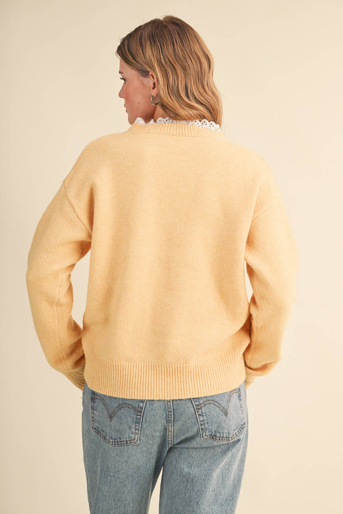 Lace Ruffle Trim V-Neck Sweater- Butter Yellow