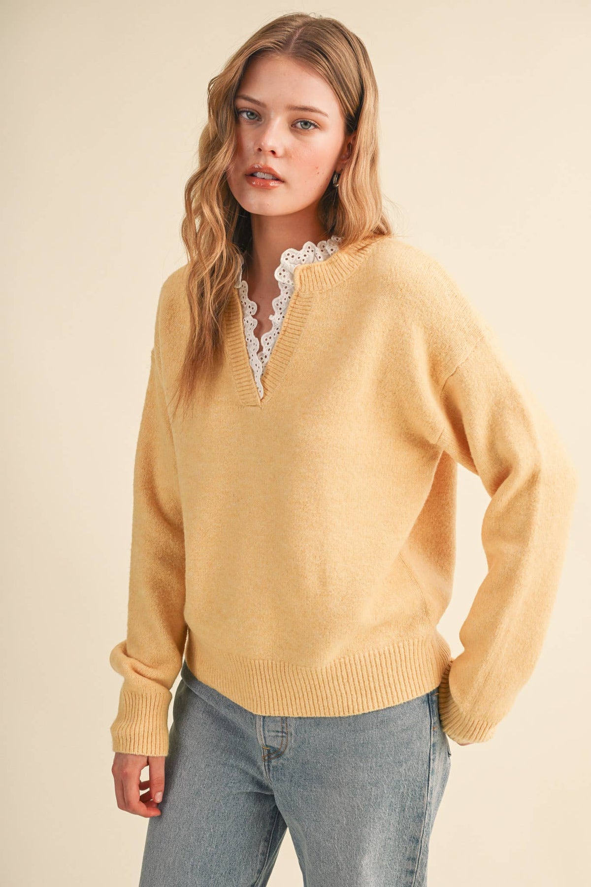 Lace Ruffle Trim V-Neck Sweater- Butter Yellow