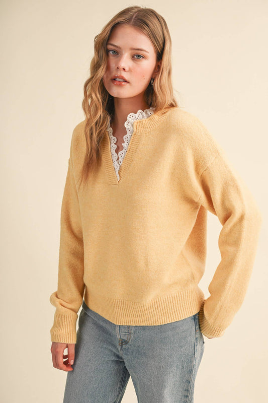 Lace Ruffle Trim V-Neck Sweater- Butter Yellow