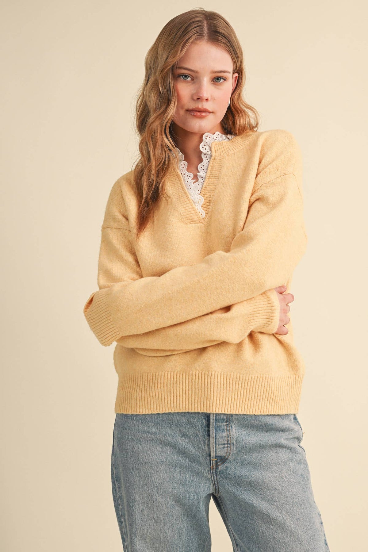 Lace Ruffle Trim V-Neck Sweater- Butter Yellow
