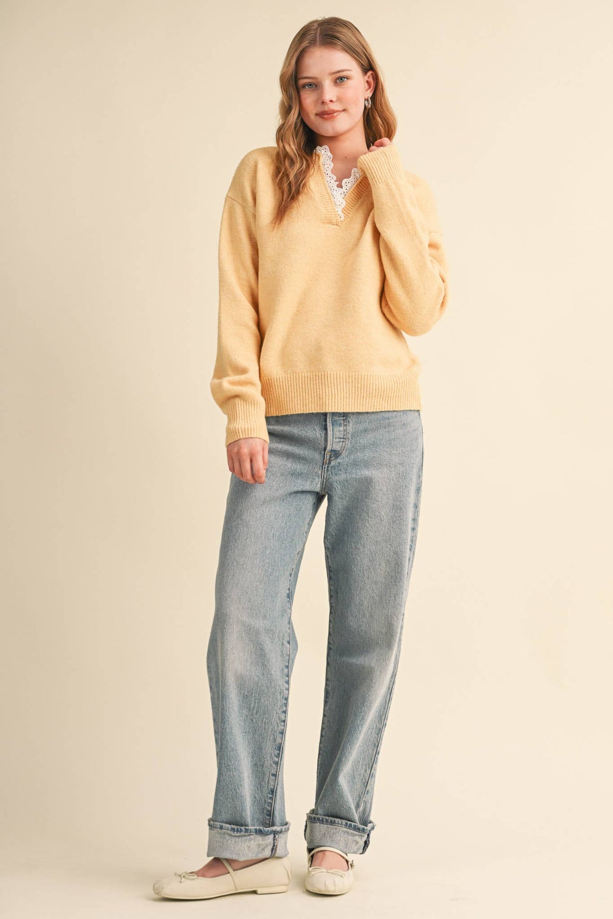 Lace Ruffle Trim V-Neck Sweater- Butter Yellow