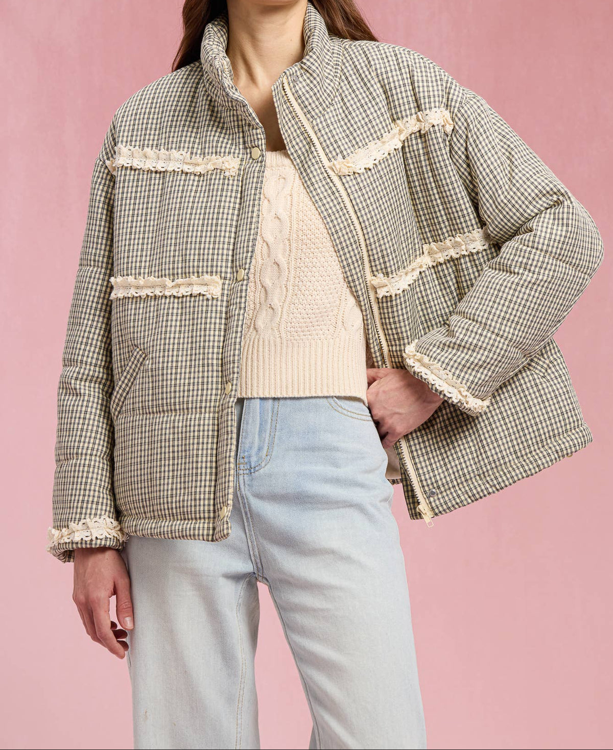 Gingham Lace Puffer Jacket