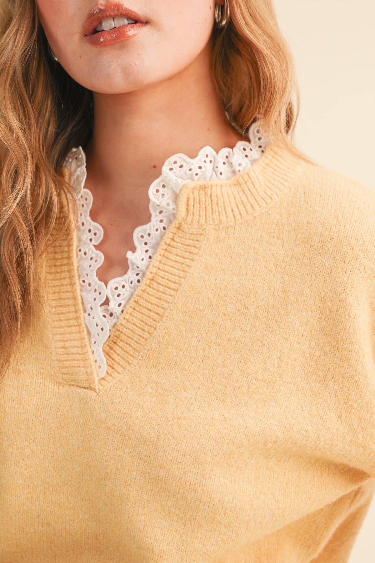 Lace Ruffle Trim V-Neck Sweater- Butter Yellow