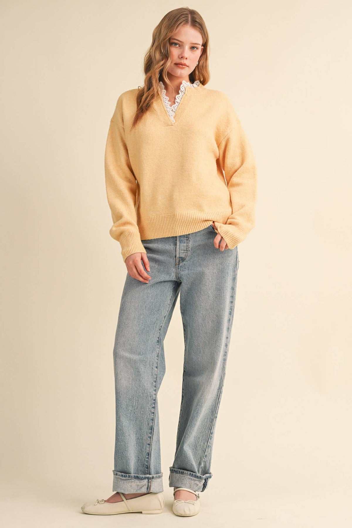 Lace Ruffle Trim V-Neck Sweater- Butter Yellow