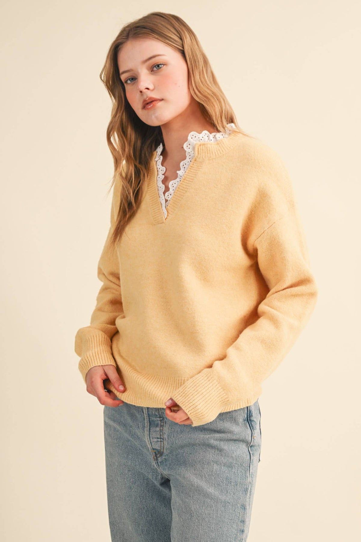 Lace Ruffle Trim V-Neck Sweater- Butter Yellow