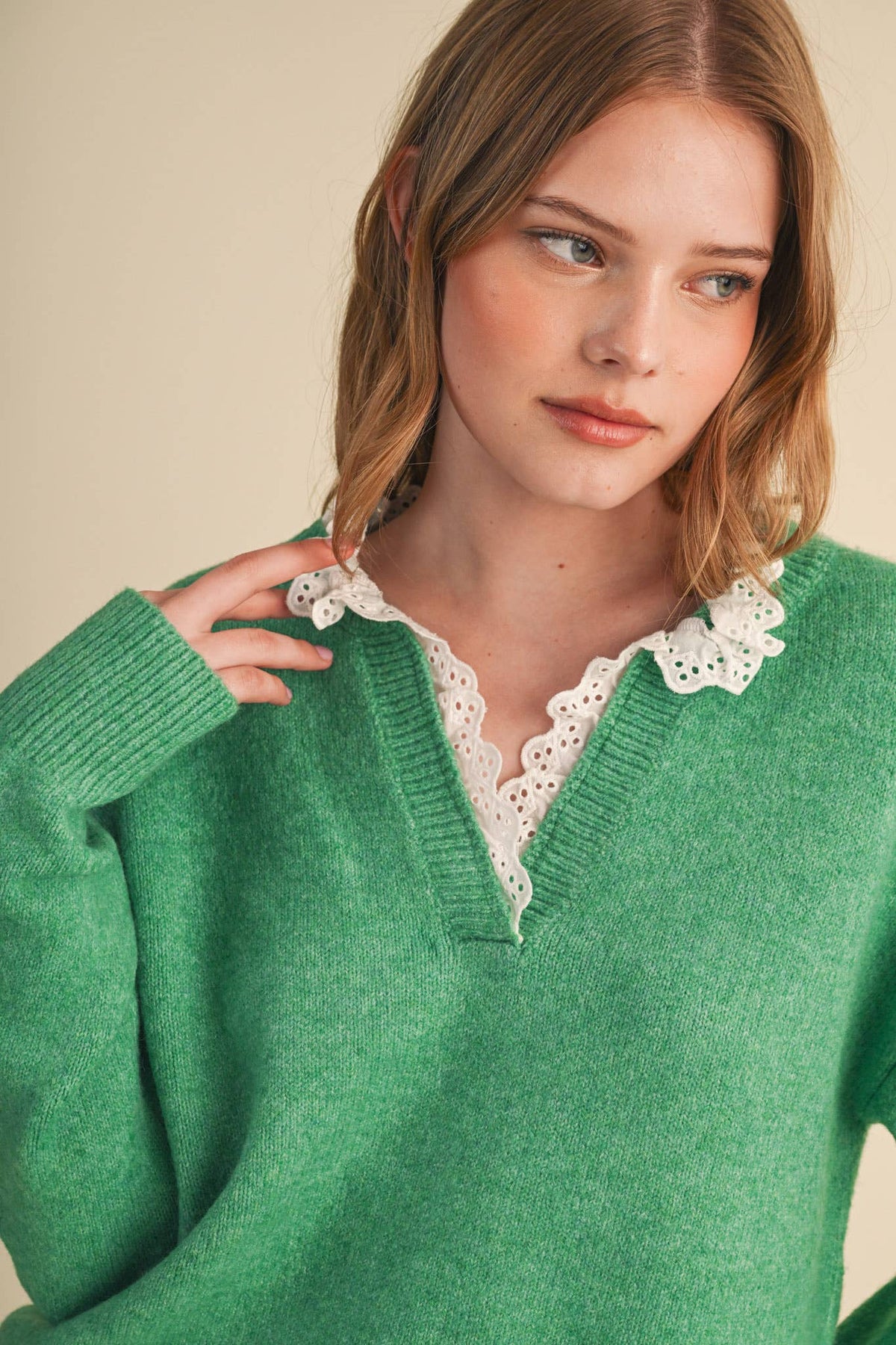 Lace Ruffle Trim V-Neck Sweater- Butter Yellow
