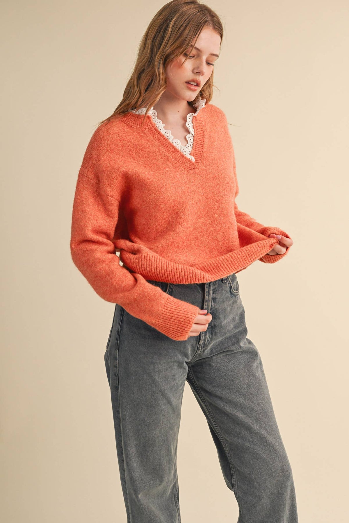 Lace Ruffle Trim V-Neck Sweater- Butter Yellow