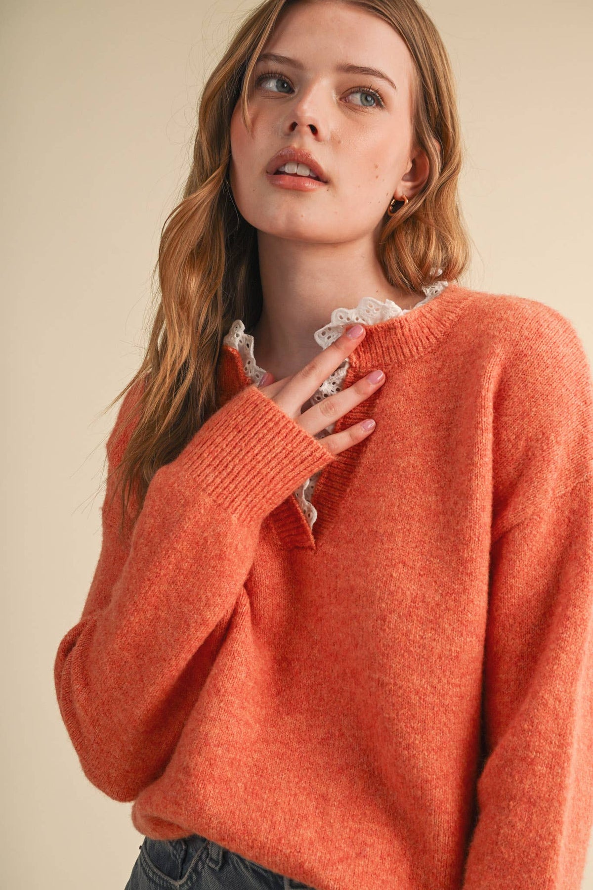 Lace Ruffle Trim V-Neck Sweater- Butter Yellow