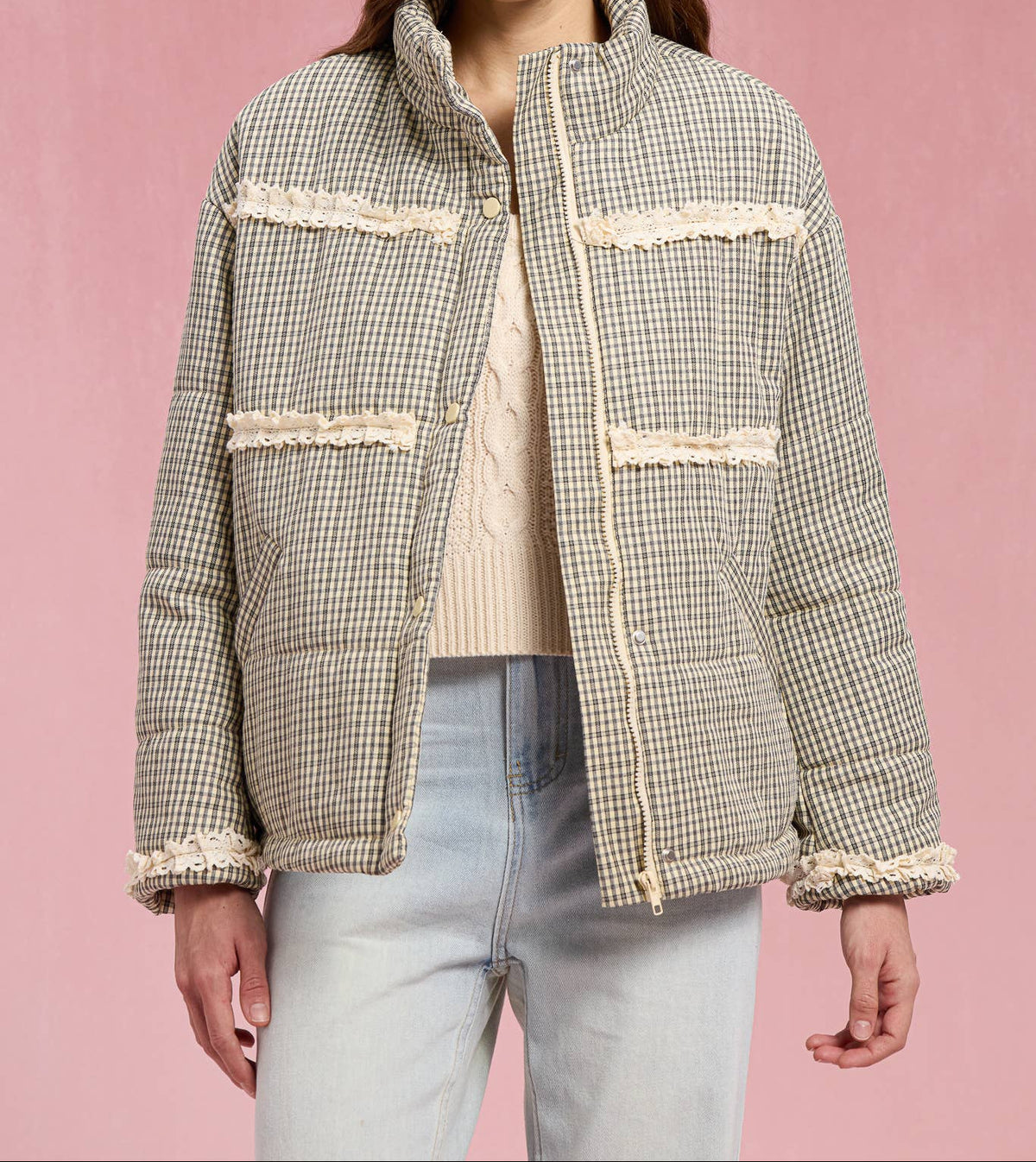 Gingham Lace Puffer Jacket