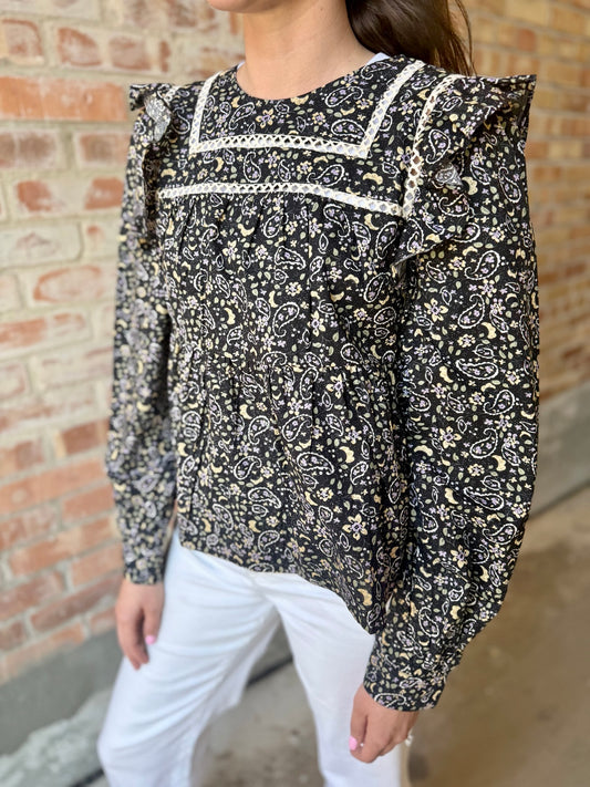 Black Floral Puff Sleeve Top