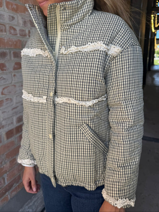 Gingham Lace Puffer Jacket