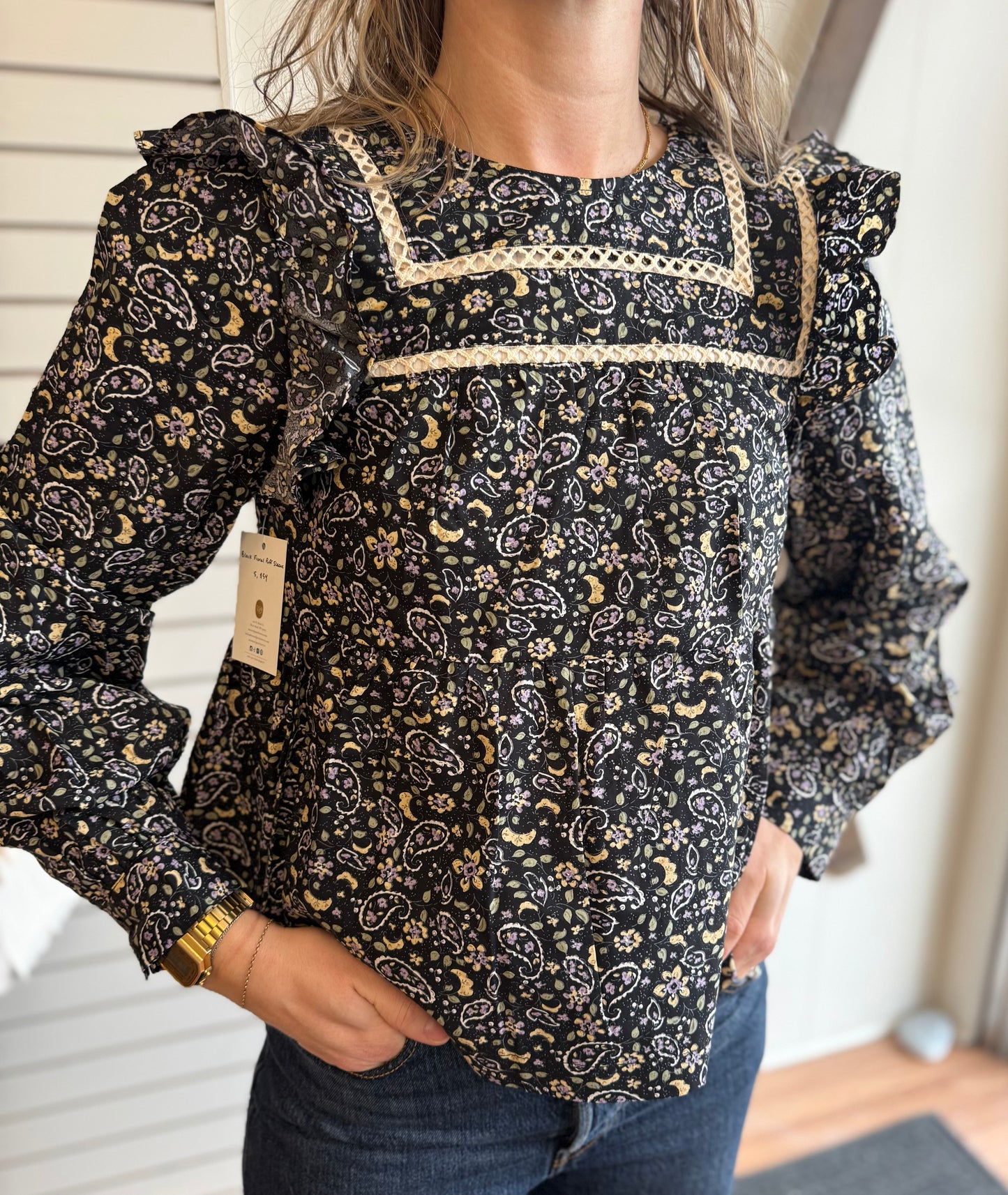 Black Floral Puff Sleeve Top