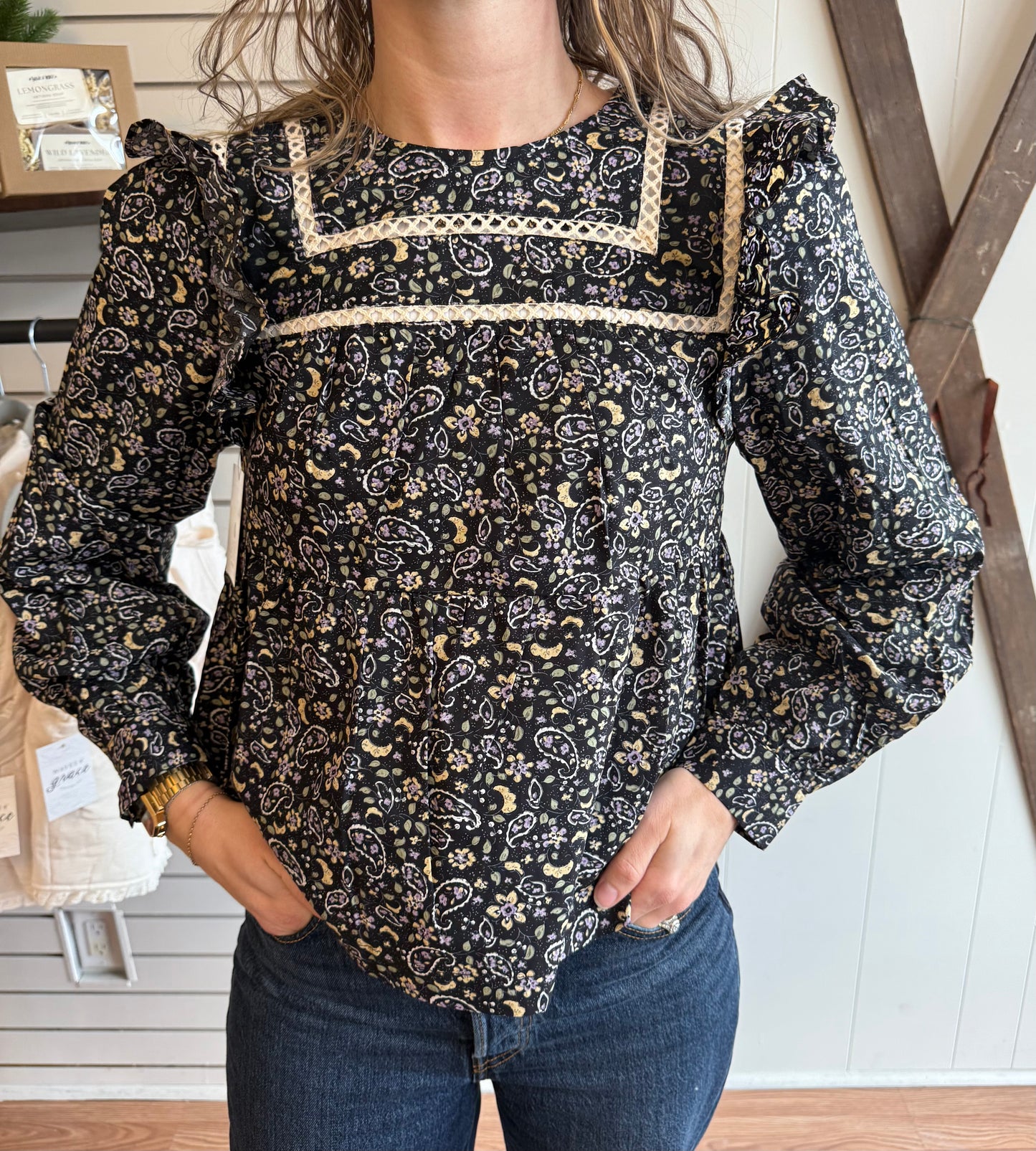 Black Floral Puff Sleeve Top