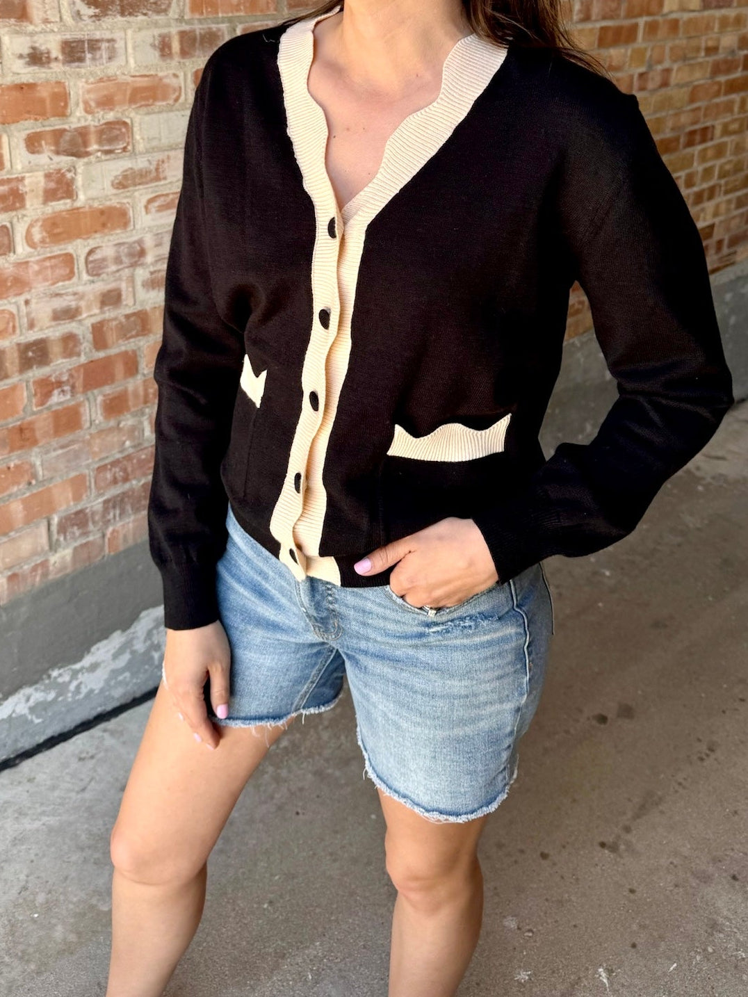 Scalloped Cardigan Sweater - Black Almond