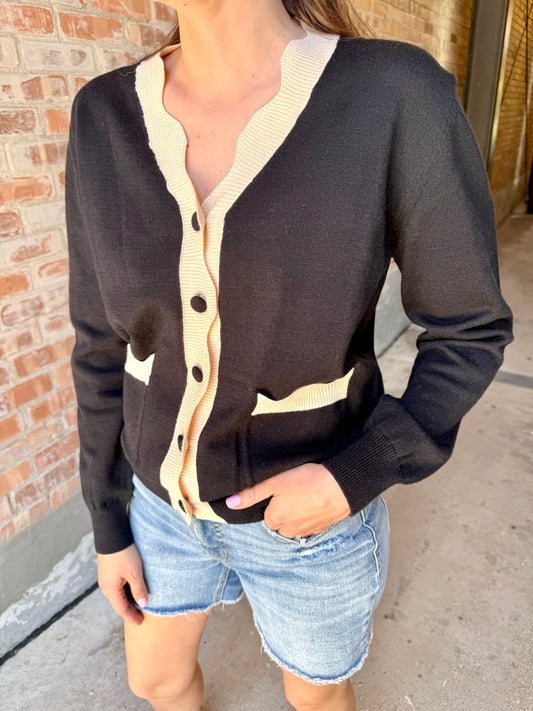Scalloped Cardigan Sweater - Black Almond