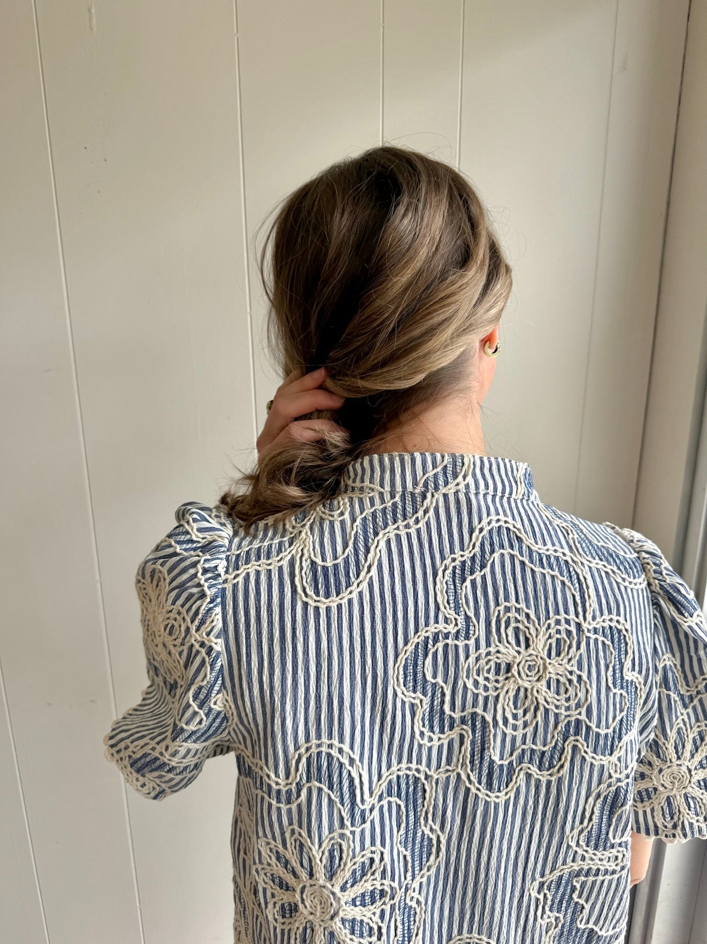 Short Sleeve Striped Embroidered Top