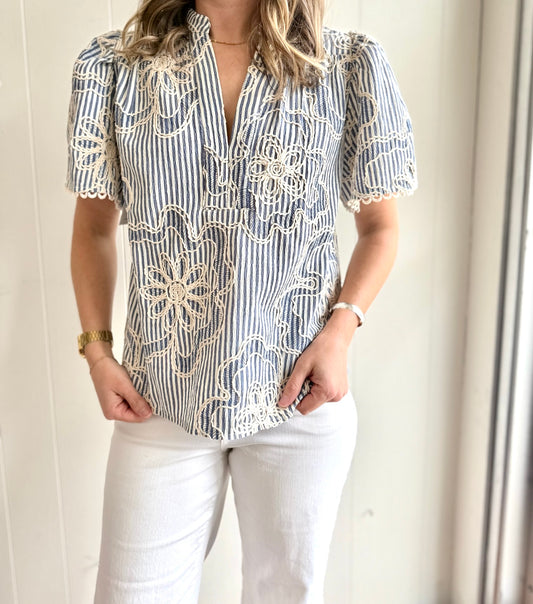 Short Sleeve Striped Embroidered Top