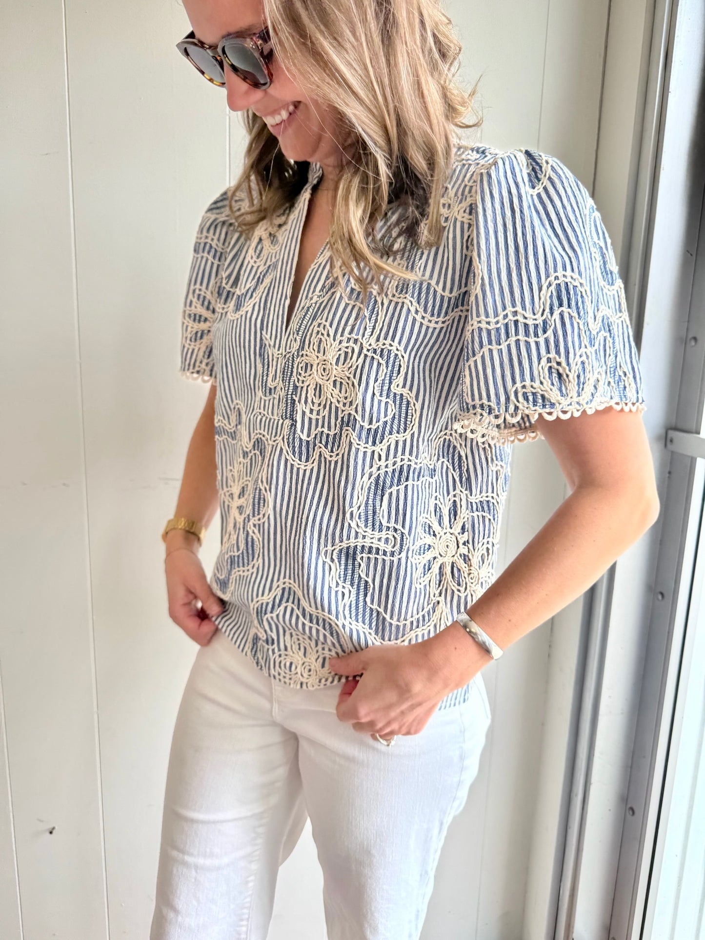 Short Sleeve Striped Embroidered Top
