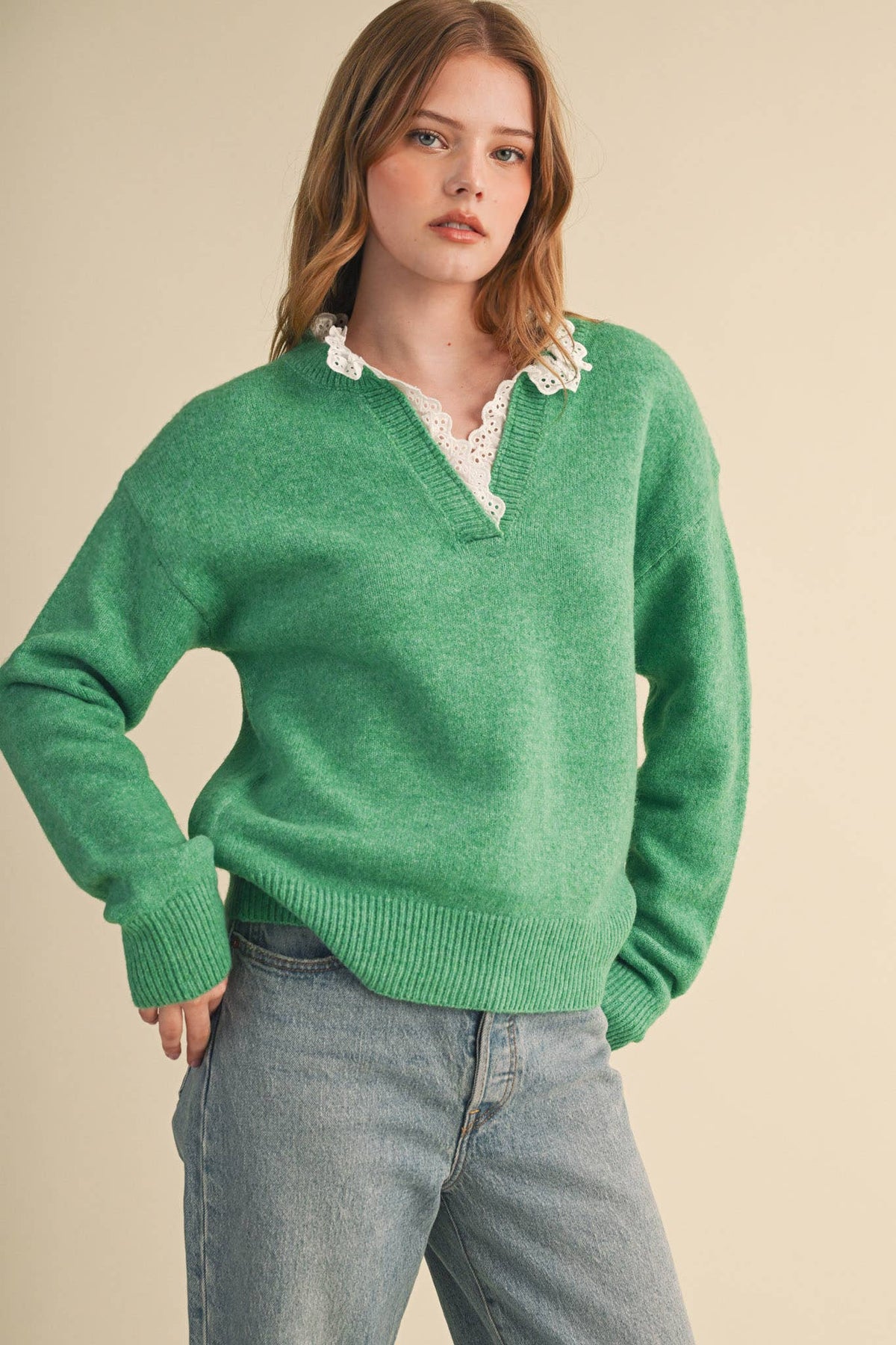 Lace Ruffle Trim V-Neck Sweater- Butter Yellow