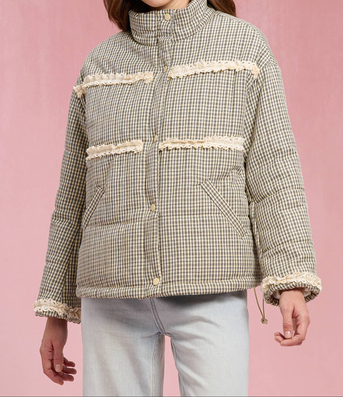 Gingham Lace Puffer Jacket