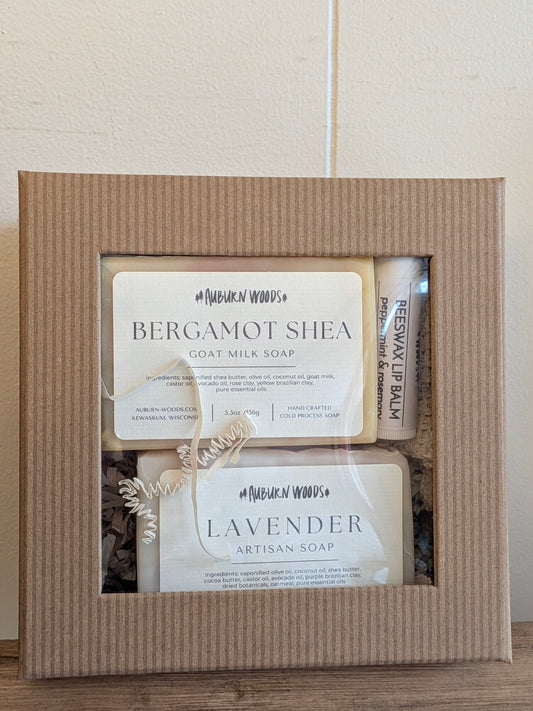 Auburn Woods Soap and Lip Balm Gift Set -Small Box- 2 Soap, 1 Lip Balm, 1 Sisal Soap Saver