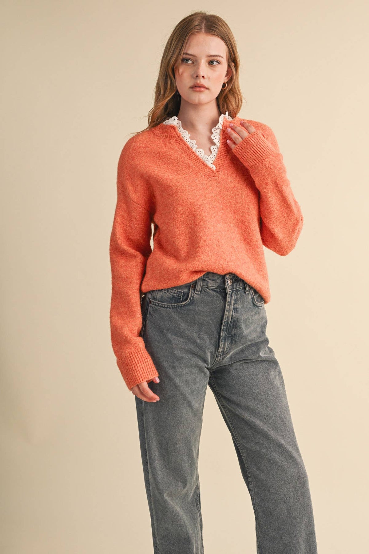 Lace Ruffle Trim V-Neck Sweater- Butter Yellow