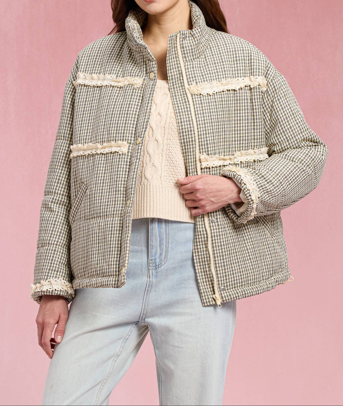 Gingham Lace Puffer Jacket