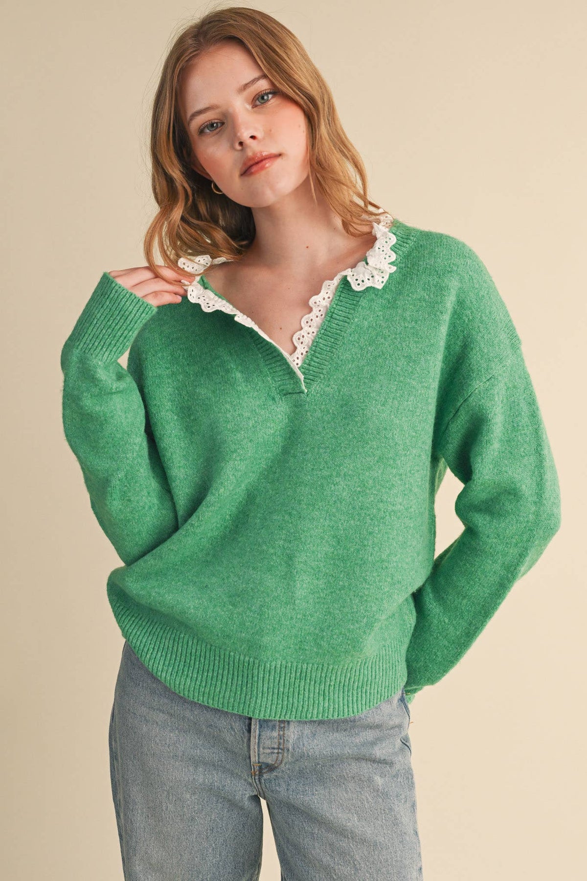 Lace Ruffle Trim V-Neck Sweater- Butter Yellow
