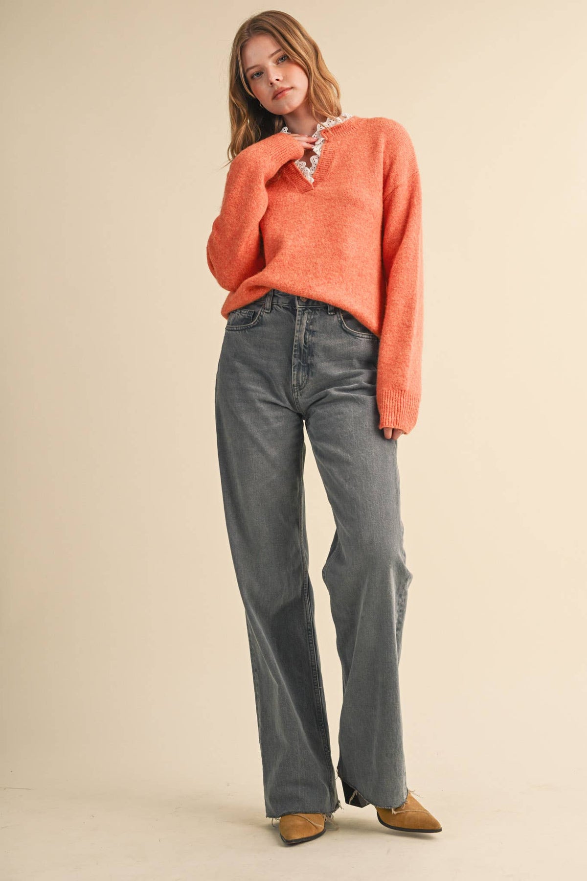 Lace Ruffle Trim V-Neck Sweater- Butter Yellow
