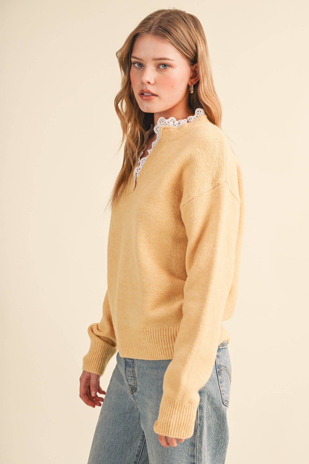 Lace Ruffle Trim V-Neck Sweater- Butter Yellow