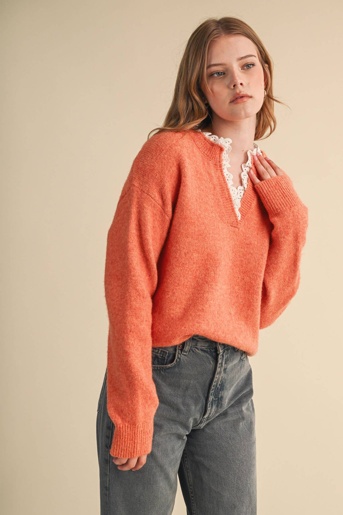 Lace Ruffle Trim V-Neck Sweater- Butter Yellow