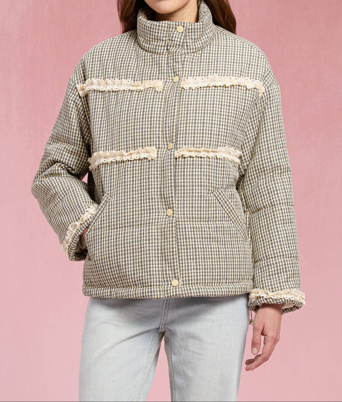 Gingham Lace Puffer Jacket