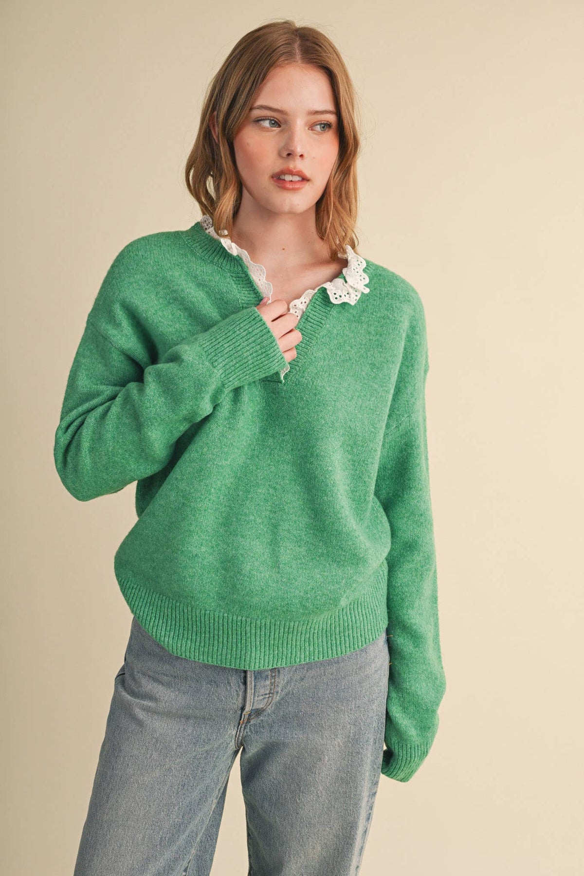Lace Ruffle Trim V-Neck Sweater- Butter Yellow
