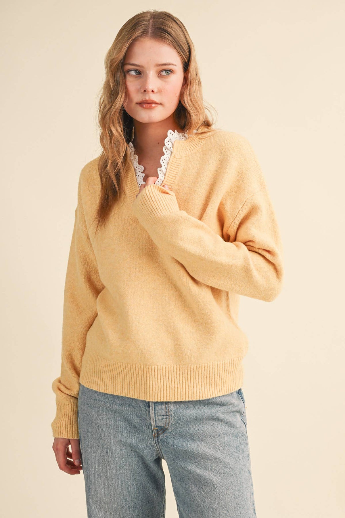 Lace Ruffle Trim V-Neck Sweater- Butter Yellow