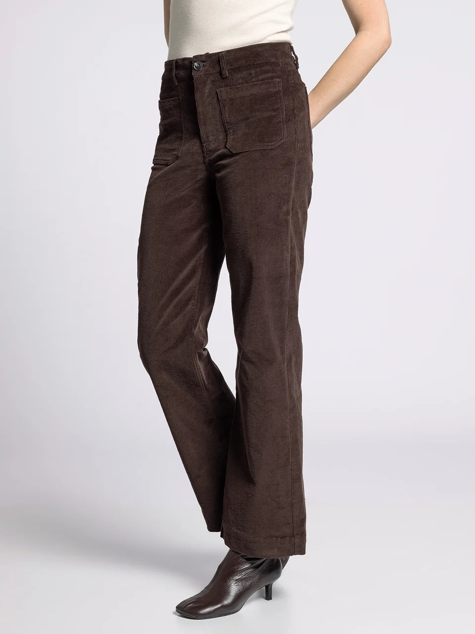 A person wearing dark brown corduroy wide-leg pants, styled with a cream top and dark brown leather ankle boots, shown from the waist down against a light gray studio background.